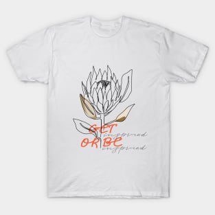 One line protea flower with lettering. Fashion typography slogan design " Get inspired or be inspired " sign. Continuous line print. T-Shirt